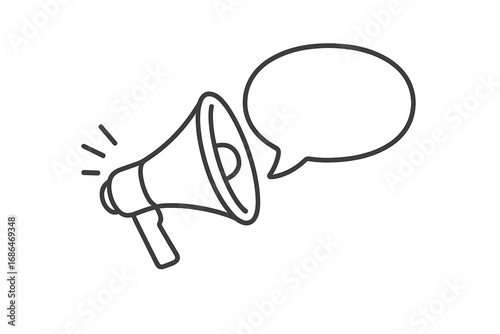 Megaphone icon with speech bubble. Loudspeaker symbol for announcement, marketing, advertising. Bullhorn for protest, alert, news. Communication, message, voice concept vector.