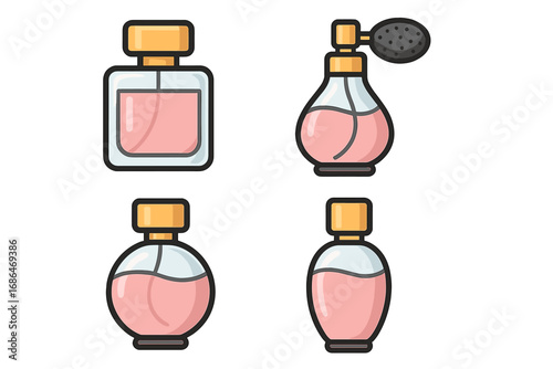 Perfume Bottle Icon Set Vector Illustration. Cartoon Glass Fragrance Bottles Collection. Stylish Pink Scent Containers for Beauty, Fashion, Cosmetics, App Design. Transparent Background, No Text