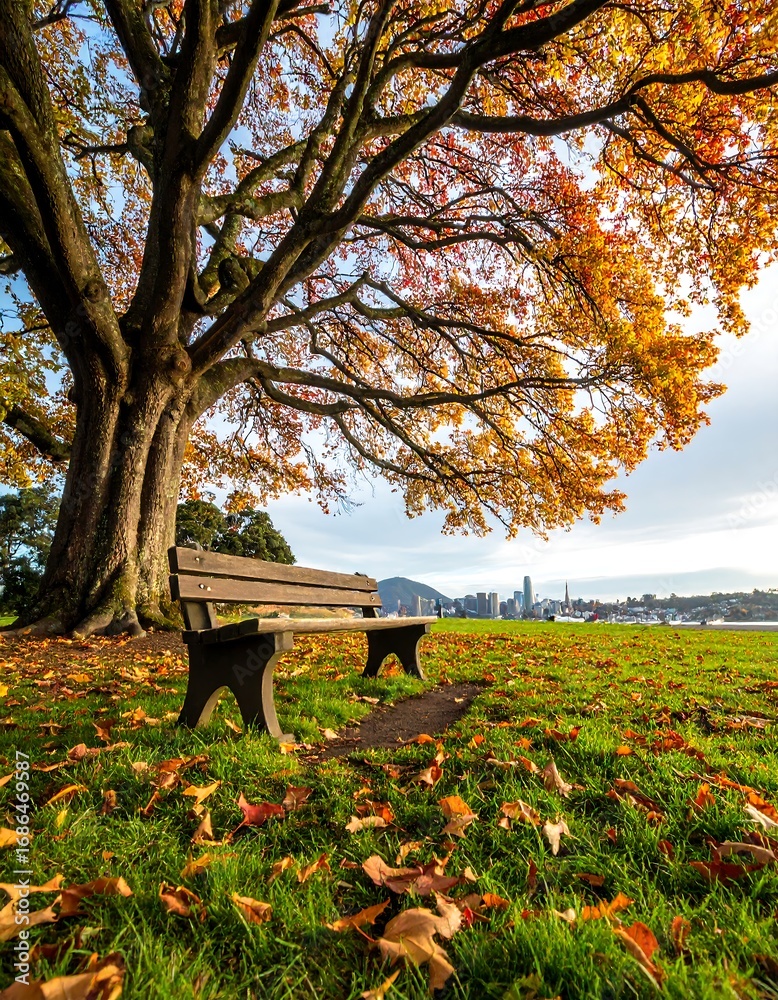 Naklejka premium Autumn park bench under large tree