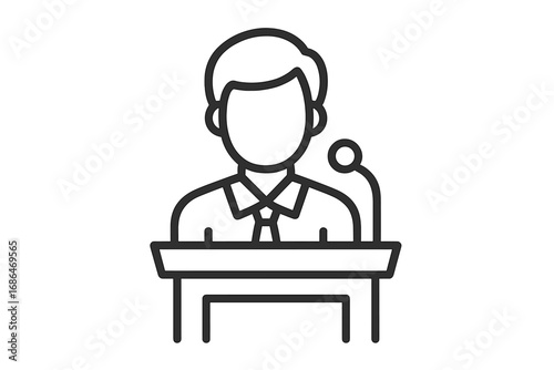 Public speaking icon. Speaker at podium giving speech. Business presentation. Conference lecture. Politician on tribune. Man with microphone. Leadership symbol. Outline vector.