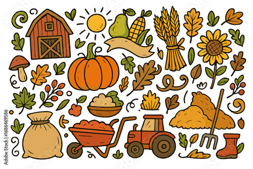 Big set of harvest doodle design with farm elements and autumn symbols. Hand drawn vector cartoon illustration collection of pumpkin, barn, tractor, wheat, fall leaves.