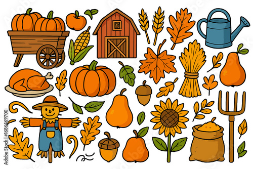 Autumn harvest doodle set. Cartoon farm elements collection with pumpkin, scarecrow, barn, and fall leaves. Vector icons for Thanksgiving and agriculture celebration design.
