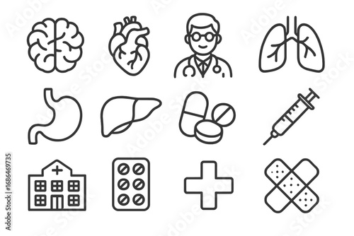 Medical and healthcare line icon set. Vector collection of hospital, doctor, organs, brain, heart, lungs, pills, and syringe symbols. For web, app, and infographic design.