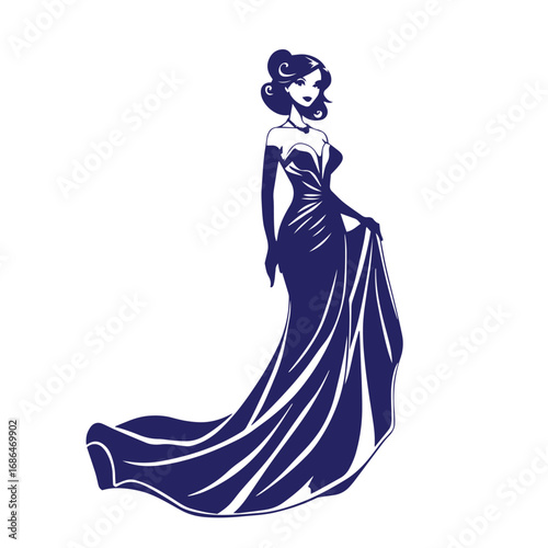 Luxury fashion girl in evening gown vector design illustration.