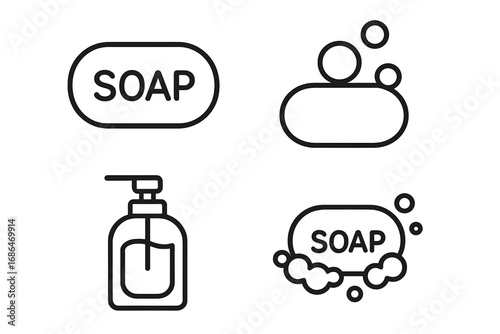 Soap Icon Collection Bundle. Minimalist Line Art Symbols for Hygiene, Handwashing, Antibacterial, Disinfection, Liquid and Bar Soap. Linear Pictograms for Web, Apps, Banners, Social Media, Cards