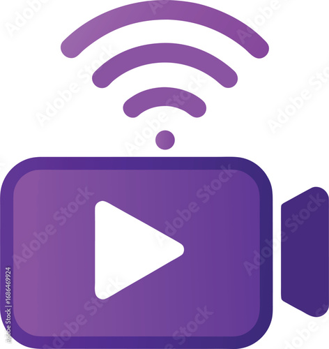 Purple video camera icon with play button and wifi signal