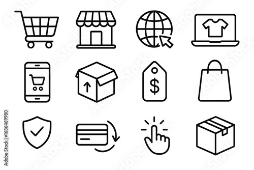 Thin line icon set for online shopping and e-commerce. Vector icons for web, app design. Store, cart, delivery, credit card payment, mobile commerce, retail, shipping symbols.