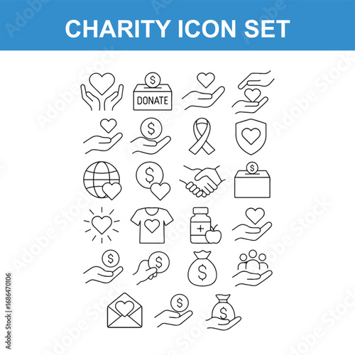 Minimalistic Charity Icons Representing Donations, Volunteering, and Philanthropic Giving
