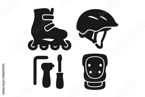 Inline skating gear icon set. Rollerblading equipment silhouettes. Vector illustration of skate boot, helmet, protective pads, and maintenance tools for safety and sport.