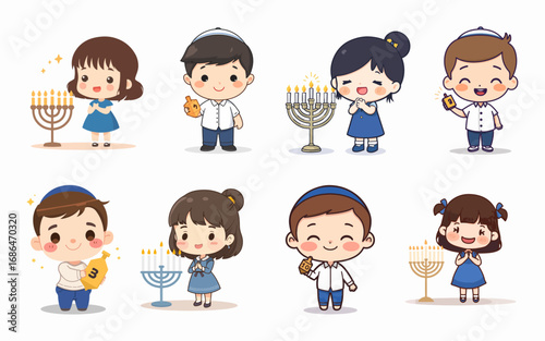 Bundle set of adorable chibi kids celebrating hanukkah lighting menorah and playing dreidel illustration