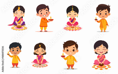 Bundle set of chibi kids wearing indian traditional outfit celebrating diwali with diya and rangoli