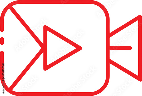 Red line art icon of a video camera with a play button