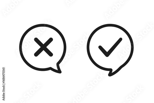 Check mark and cross sign vector icon set. Yes, no choice in speech bubble. Approve, reject symbol for survey or vote. Right and wrong feedback. Communication, dialogue chat.