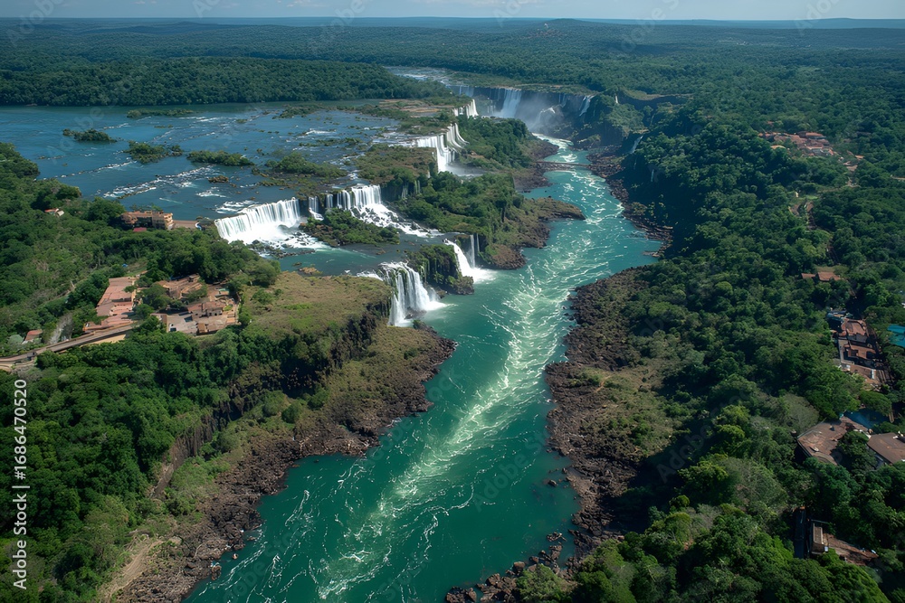 Obraz premium Aerial view of winding river through lush tropical rainforest with sandbanks and morning mist, Amazon jungle landscape