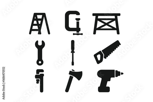 Tool icon set for construction and repair. Minimalist black vector silhouette symbols. DIY, workshop, and carpentry equipment like saw, drill, wrench, axe, and ladder.