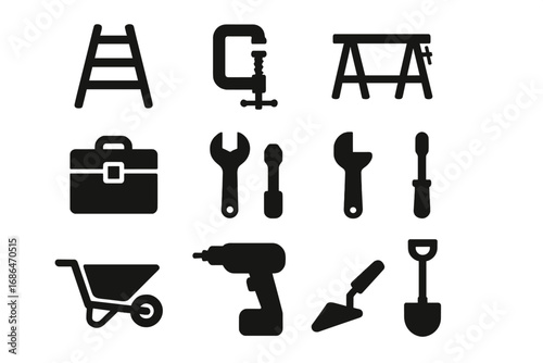 Tool icon set for construction and repair. Vector silhouette collection of workshop equipment. Minimalist glyphs of ladder, clamp, workbench, drill, wrench, shovel.