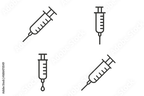 Syringe line icon set. Minimal linear syringe vector illustration for medical, healthcare, hospital, vaccination, pharmacy, nursing, injection, immunization, web, app, banner, card, clinic concepts.