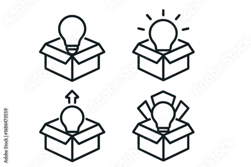 Thinking outside the box icon set. Light bulb in box concept for new idea, creativity, innovation, and solution. Unboxing breakthrough. Outline vector for web and apps.