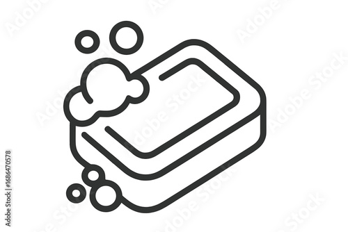Soap bar with bubbles line icon. Vector outline graphic for hygiene, cleanliness. Simple symbol for web, apps. Concept of washing, skincare, bathroom, shower, suds, foam.