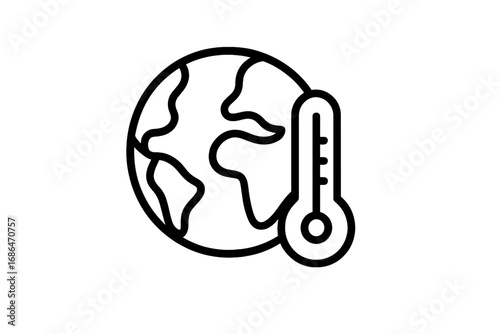 Climate change global warming icon. Earth with thermometer minimal linear illustration. Planet temperature increase. Environmental crisis symbol for eco awareness, web, banner, infographic, apps.