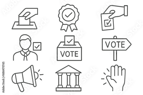 Election and voting thin line icon collection. Political campaign and democracy symbols. Vector set with ballot box, government, president, and civic duty icons for web design.