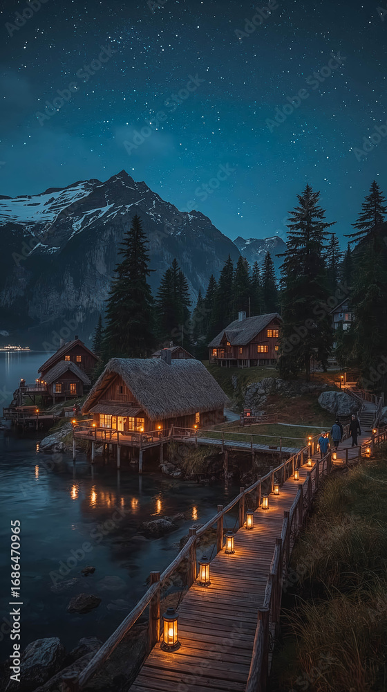 Fototapeta premium Serene lakeside village at night with starry sky