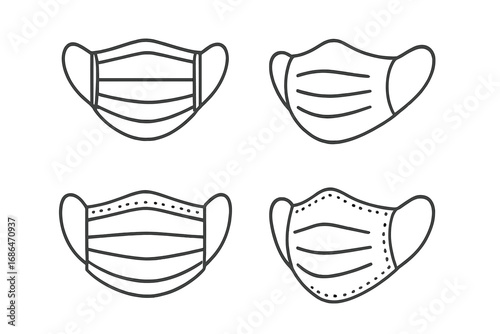 Medical face mask thin line icon set. Surgical respiratory protection vector illustrations. Safety, health, virus, pandemic, flu, and covid prevention symbol collection.