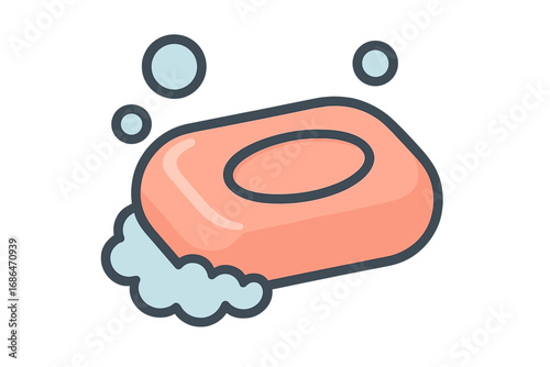 Soap bar line icon with foam and bubbles. Vector cartoon concept for hygiene, cleanliness, washing hands, and skincare. Personal care symbol for health and sanitation. Fresh.
