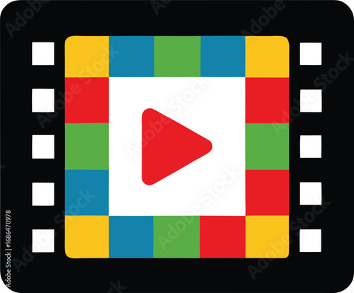 Play button inside a colorful film strip frame