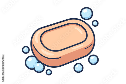 Soap bar with bubbles vector icon. Hygiene and cleaning concept. Cartoon illustration for toiletries, cosmetics, and skincare. Lather and foam for washing hands, body care, bath, or shower.