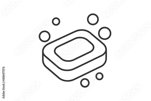 Soap bar with bubbles thin line icon. Vector illustration. Cleanliness, hygiene, personal care concept. Minimalist outline symbol for web, bathroom, toiletries, skincare, wash.