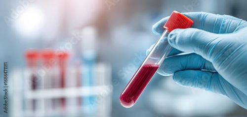 The test tube filled with blood held by a gloved hand in a laboratory setting
