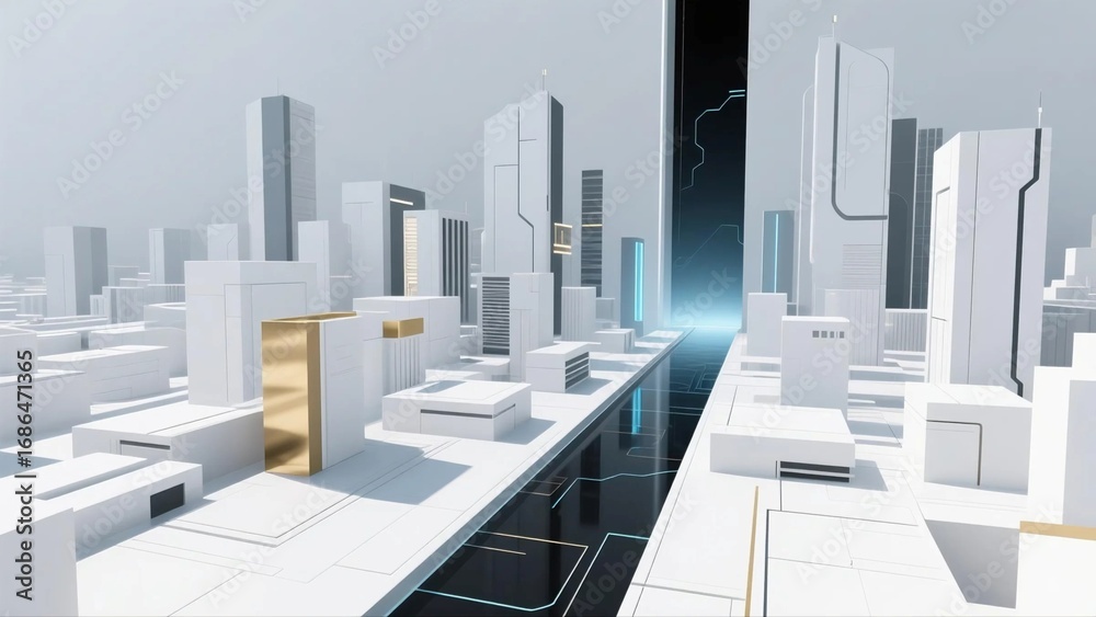 Fototapeta premium Futuristic white smart city with glowing data corridor – technology background