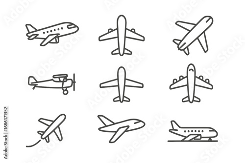 Airplane line icon set. Simple travel & transport symbols. Aviation pictograms for web & graphic design. Vector collection of flying jets, takeoff, & landing outline signs.