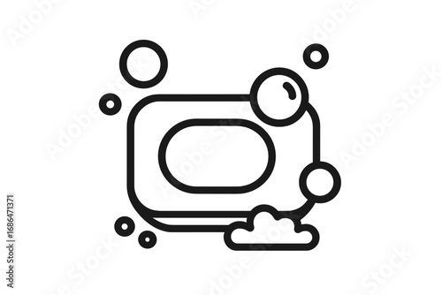 Soap bar with bubbles and foam icon. Vector outline illustration for hygiene, cleaning, and skincare. Modern, simple line art symbol for bathroom, wash, and cleanliness concepts.