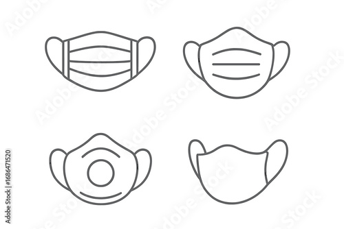 Medical face mask icon set. Thin line art collection of surgical masks, respirators for virus protection. Vector illustration for health safety, pandemic, and pollution concept.