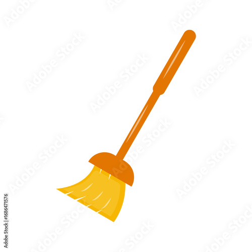 Realistic Vector Broom Icon with Orange Handle and Yellow Bristles