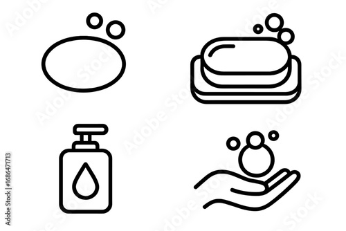 Soap icon set for hygiene and cleanliness. Simple line art collection includes bar of soap, liquid dispenser, and washing hands with foam bubbles. Vector pictogram for web, app.