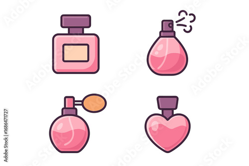 Perfume Bottle Icon Set Collection. Cartoon Vector Fragrance Bottles, Atomizer, Heart Shaped Scent Container. Pink Beauty Illustration for Cosmetics, App Icons, Branding, Transparent Background.