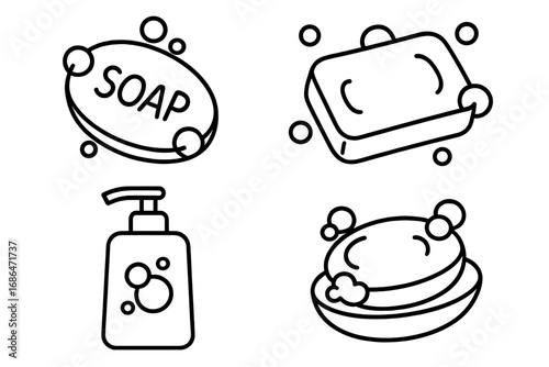 Soap icon set vector illustration. Line art collection of hygiene and cleaning symbols. Bar of soap, liquid dispenser, bubbles, and lather for web design and graphic elements.