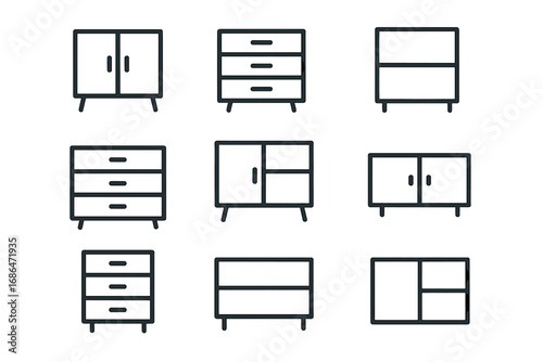 Minimalist furniture icon set with modern cabinets, drawers, and shelves. Vector line art symbols for home decor, interior design, and household furnishing concepts collection.