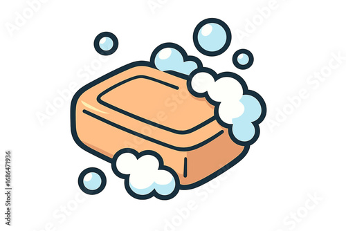 Soap bar with foam bubbles vector icon. Hygiene, clean, wash concept. Body care, bathroom, skincare illustration. Cartoon graphic for web, apps. Isolated cleanliness symbol.