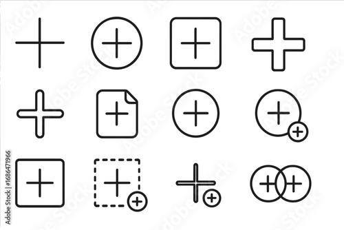 Plus icon collection. Thin line vector add symbols for web and app UI. Concepts of create, new, more, positive. Editable stroke button set for modern interface design. Add new item.