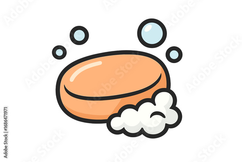 Bar of soap with foam and bubbles. Vector icon for hygiene and cleanliness. Cartoon illustration of washing and body care. Flat design graphic symbol for bath or shower.
