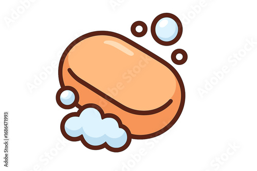 Soap bar icon with bubbles. Vector cartoon illustration of hygiene and cleaning. Body wash, sanitation and skincare concept. Freshness and health. Simple outline design element.