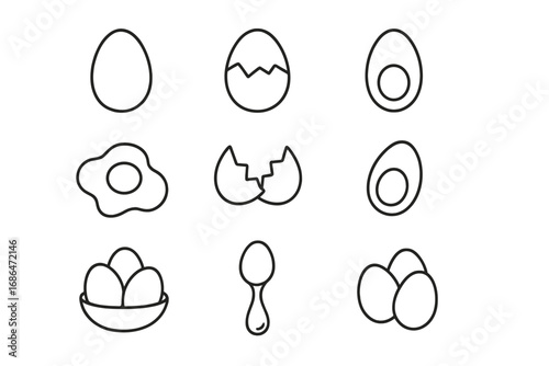 Egg icon set thin line style. Collection of breakfast food symbols. Fried, hard boiled, cracked and raw eggs. Vector graphic for cooking, recipe, kitchen, and nutrition concepts.