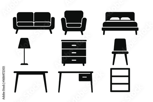 Minimalist home furniture silhouettes. Modern stylish icons for interior design. Vector cartoon illustration set of couch, chair, bed, lamp, desk, table, and bookshelf.