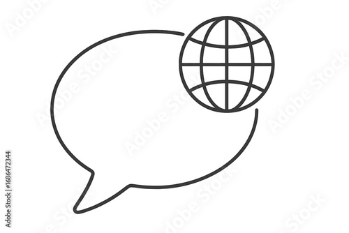 Global communication concept with speech bubble and globe icon. International language, world news, internet chat, translation symbol. Thin line vector illustration design element.