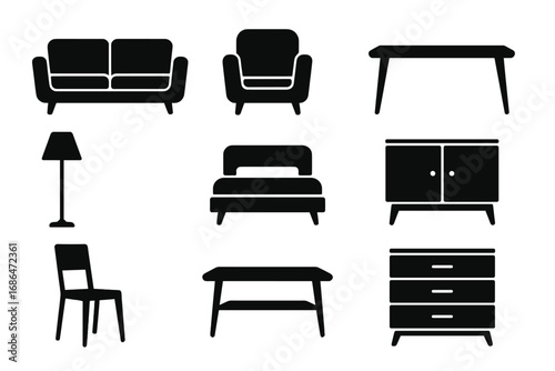 Minimalist home furniture silhouette icon set. Modern vector graphics for interior design. Stylish collection of isolated decor symbols like sofa, chair, table, lamp, and cabinet.