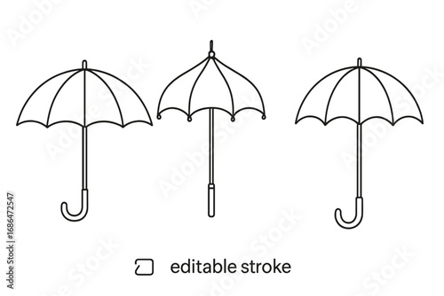 Umbrella parasol bumbershoot pictogram thin line vector illustration set. Cartoon outlined icons pack. Weather rain sun protection. Transparent background collection. Minimal ordered design.